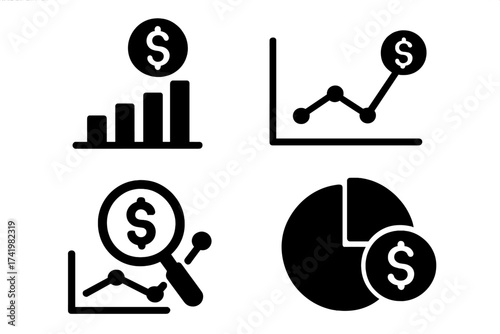Financial analysis data vector icon set. Money graph, chart for business report. Dollar sign on pie chart, bar graph growth. Economic statistics, investment profit concept.