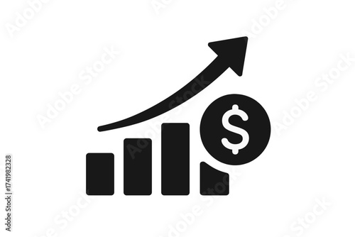 Dollar market increase graph icon. Financial growth concept. Economic success symbol. Rising arrow chart. Business revenue profit. Investment return vector illustration. Money.