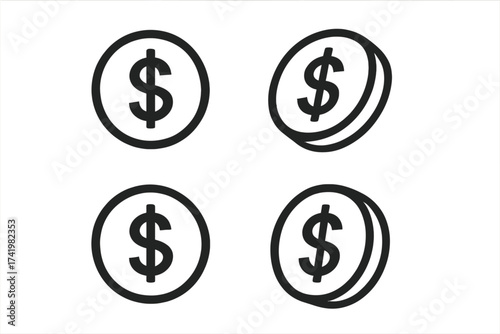 Dollar coin icon set vector. US money payment symbol. Flat and isometric currency sign. Finance graphic element for web and app. Cash, banking, investment, economy concept.