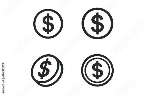 Dollar coin icon set. USA currency symbol. Money payment concept. Vector cash sign. Finance, business, economy, investment, savings, wealth, earnings, banking, exchange graphic.