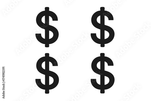 Set of black dollar sign icons. USD currency symbol. Financial and business concept. Vector illustration for economy, banking, investment, profit, and wealth. Money graphic.