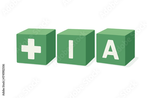 Concept of AI in medicine. Green cross plus symbol for health and pharmacy, combined with letters I and A on 3d cubes. Vector for medical technology and healthcare innovation.