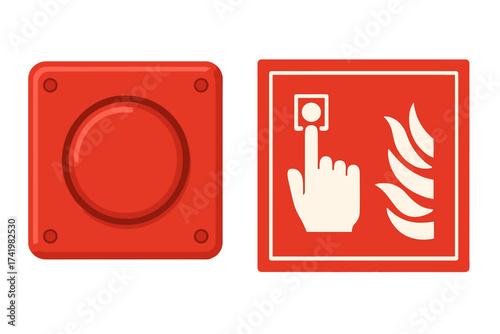 Fire alarm red push button and manual call point sign. Emergency safety vector illustration set. Hand pressing a warning button with fire symbol. Isolated on transparent background.