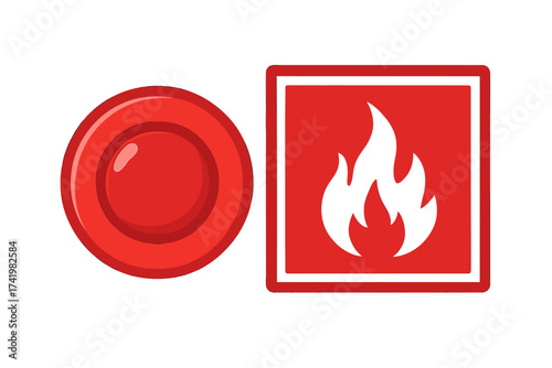 Fire alarm red button and flame safety sign vector set. Emergency alert, danger warning, and evacuation system icon. Fire protection and security equipment illustration.