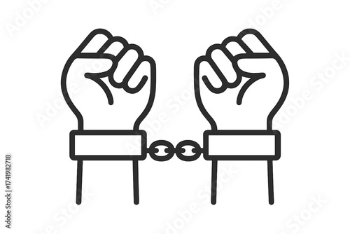 Handcuffs icon vector. Arrested hands in shackles. Concept of crime, justice, law, punishment and prison. Symbol of bondage, prisoner, criminal, detention and lack of freedom.