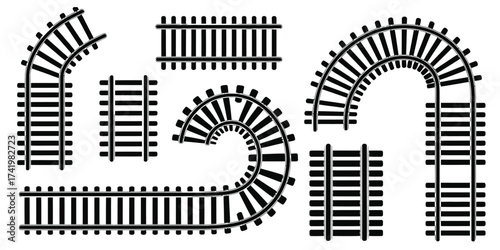 Monochrome graphic design set of various train track parts, showcasing different path formations like straight lines, bends, and spirals on a white background