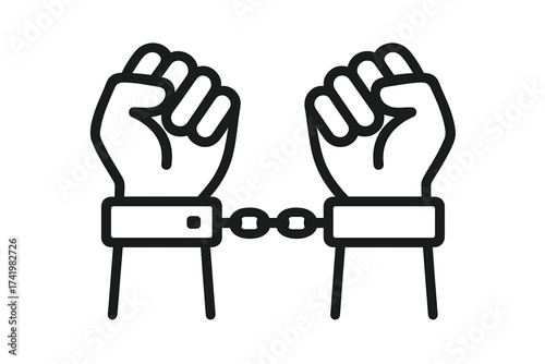 Handcuffed hands line icon. Arrest and criminal symbol. Concept of lack of freedom, justice, crime, law and punishment. Vector illustration isolated on white background.