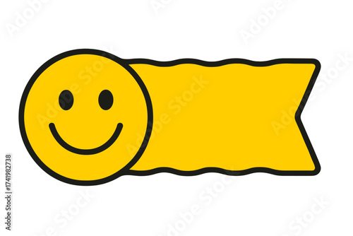 Happy smiley face icon with a yellow banner for text. Vector illustration for positive emotion, good mood, and happiness concepts. Emoticon symbol with copy space for message.