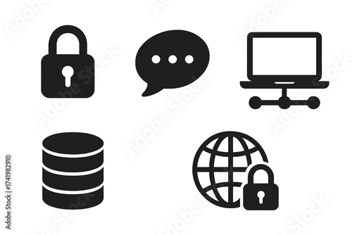 Intranet icon set. Private network, data security, and secure communication symbols. VPN, database, server, and network access protection. Corporate IT vector icons collection.