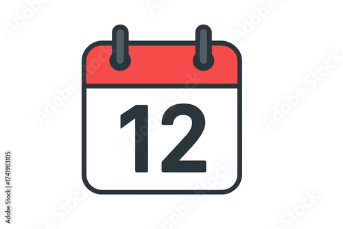 Calendar icon date 12. Twelfth day of the month. Schedule reminder, agenda, and appointment symbol. Time management, planning, and deadline concept. Daily organizer vector.