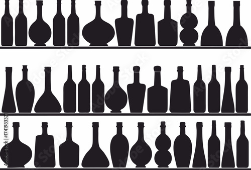 Set of bottles on shelves illustrated on white background

