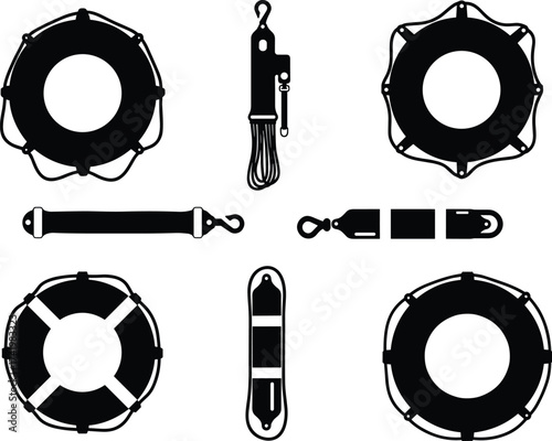 Life ring silhouette, rescue tube, throw bag, heaving line, water safety equipment, lifesaving gear illustration, emergency flotation device, vector artwork