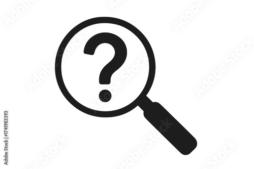 Magnifying glass with question mark icon. Search, find, research, analysis, and discovery concept. Help and support symbol. FAQ, query, problem, unknown, investigation sign.