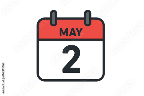 May 2 calendar icon. Second day of the month. Daily calendar page in vector flat design. Date and day of the year symbol. Schedule, appointment, reminder, event, deadline.