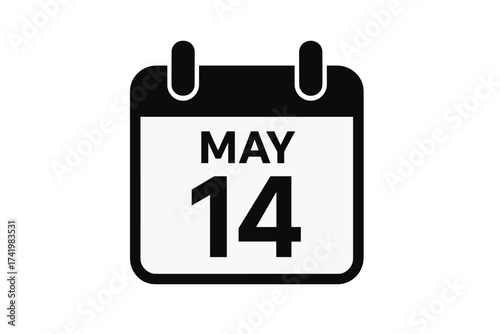 May 14 calendar icon. Fourteenth day of May. Date symbol, event reminder, schedule, appointment, deadline, and agenda concept. Simple black flat vector illustration on white.