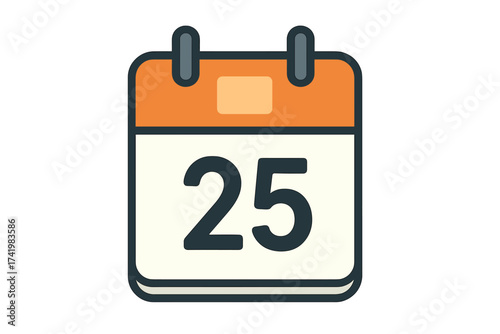 Vector flat design daily calendar icon showing date 25, bold number twenty-five of the month, day of the year, simple modern illustration with transparent background for planning and scheduling