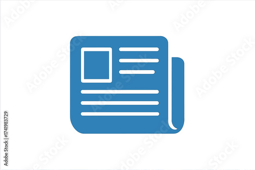 Newspaper icon flat vector illustration on blue background, news symbol with text lines and image placeholder, transparent background, media and communication concept, digital news graphic design