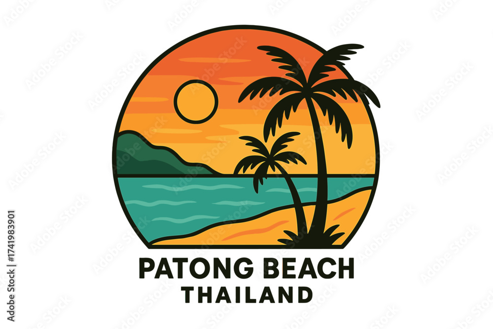 Naklejka premium Patong Beach Thailand Tropical Sunset Vector Illustration with Palm Trees, Ocean Waves, Sandy Beach, Island Landscape, Summer Vacation Concept for Logo, Banner, T-Shirt Print
