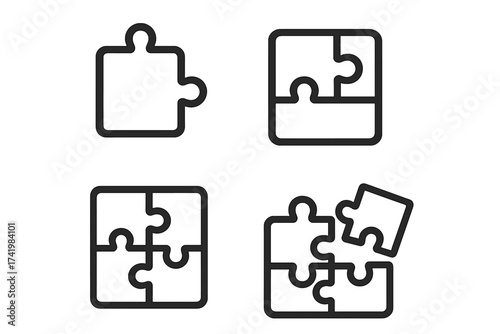 Puzzle piece icon set. Solution concept vector illustration with transparent background. Four-piece jigsaw puzzle elements. Completion, problem solving, teamwork, connection symbol.