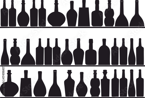 Set of bottles on shelves illustrated on white background

