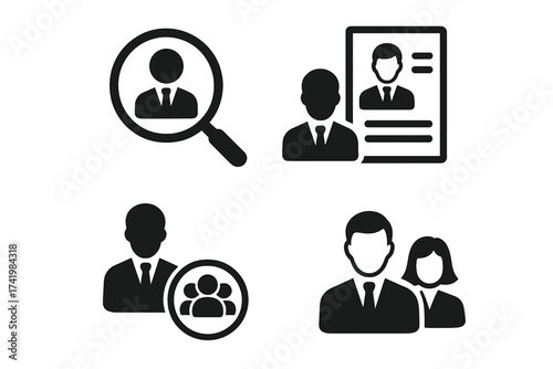 Recruitment and employee search vector icons set, human resource management, business hiring process, candidate selection, professional team, HR concepts with silhouette figures
