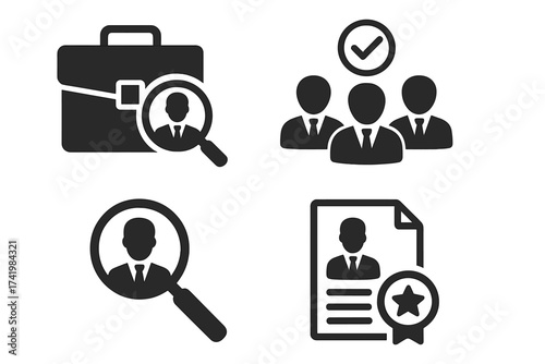 Recruitment and employee search icons set. Human resource hiring, job candidate selection, professional resume evaluation, business team verification concept vector