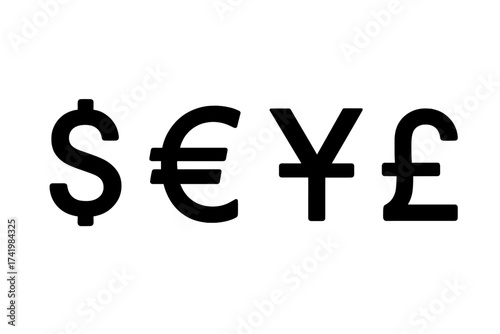 Set of currency symbols including Dollar, Euro, Yen, and Pound signs. Vector illustration with transparent background. Financial icons, money symbols, global currency set.