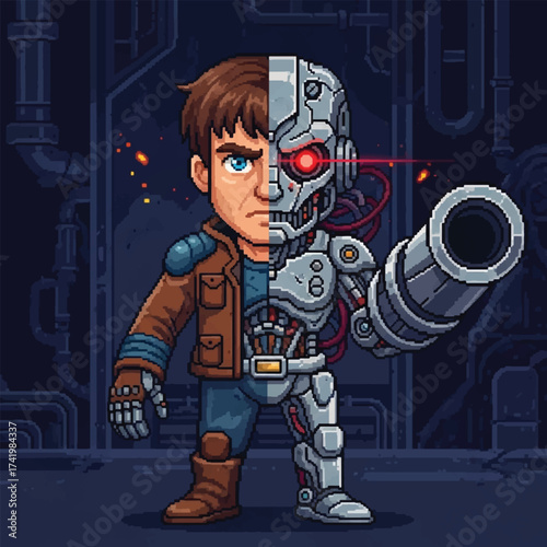 Pixel art illustration of a character split down the middle, half human and half cyborg with a glowing red eye and a large arm cannon.