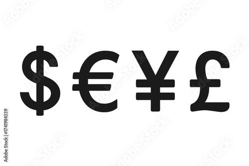 Set of currency symbols dollar euro yen pound signs vector illustration ordered collection black icons transparent background financial money symbols global currency signs