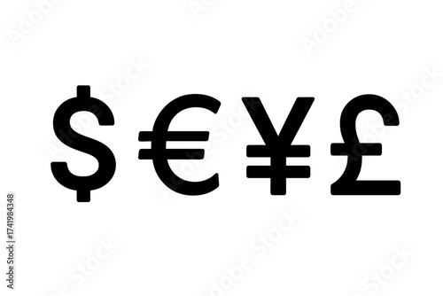 Set of currency symbols Dollar Euro Yen Pound signs Vector illustration with transparent background Ordered financial icons including USD EUR JPY GBP design