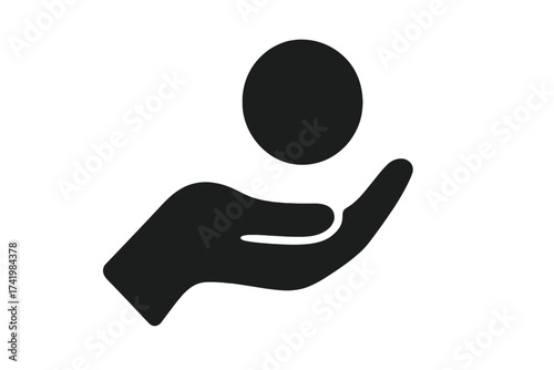 Hand holding coin icon. Payment, money and finance concept. Receiving salary, income or wage symbol. Charity, donation and financial support sign. Investment, loan and savings.
