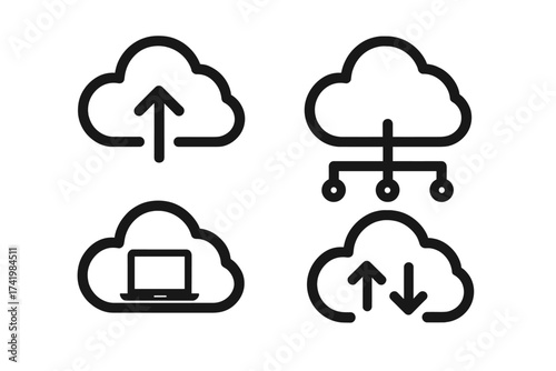 Cloud computing icon set. Vector line art. Data storage, upload, download, and file transfer symbols. Digital network, server connection, and online database hosting graphic elements.