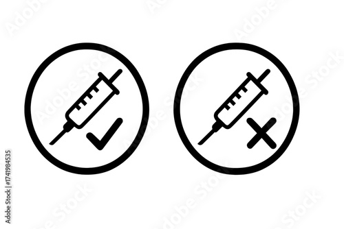 Vaccination status icons with syringe and check mark for vaccinated, cross mark for unvaccinated, Covid symbol, medical health vector illustration collection with transparent background