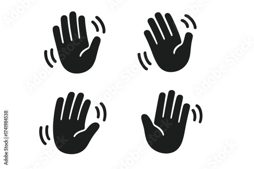Set of waving hand icons. Greeting gesture for hello, hi or goodbye. Simple black palm silhouette symbol collection. Vector illustration for welcome or farewell concepts. Bye sign.