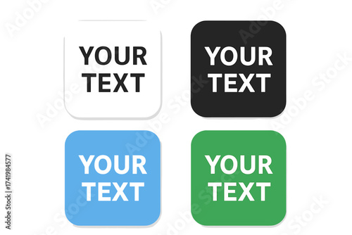 Editable square button icons with customizable text label set, isolated vector illustration, transparent background, multi-color design for digital UI, app and web design elements