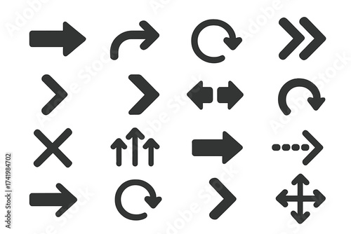 Arrow icon vector set. Black direction pointer symbols collection. Navigation button elements for web, app, UI, UX. Includes next, previous, reload, close, direction.