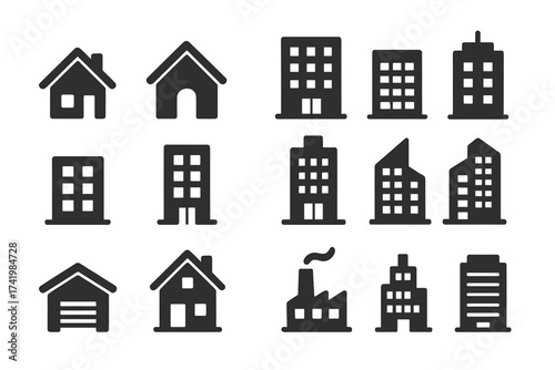 Building icon set for real estate. House, home, factory, office pictogram collection. City architecture symbols. Skyscraper, apartment, town property simple flat vector graphic.
