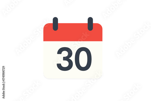 Simple calendar icon with date 30. Day thirty of the month. Schedule, agenda, appointment, planner, event reminder, or deadline symbol. Flat vector illustration isolated.
