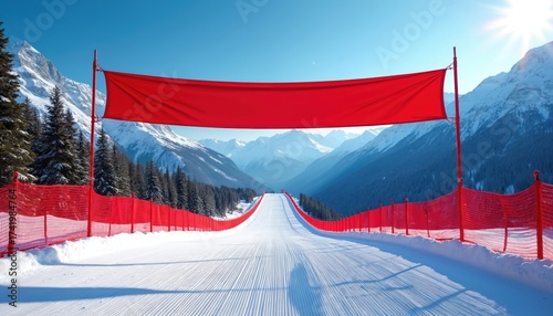 Snowy ski slope leads to red finish line banner between majestic mountains under clear blue sky. Winter sports competition goal achievement concept. Skiing race victory.