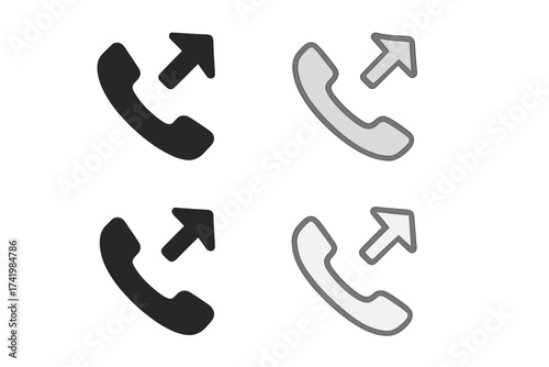 Outgoing call vector icon set. Phone call symbol with arrow for transfer, dial, and communication concepts. Simple flat pictogram for web, ui, app. Telephone handset sign.