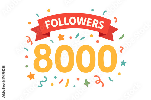 8000 followers celebration vector banner. Thank you for 8k followers. Social media milestone achievement. Graphic design for blog, post, web. Isolated on white background.