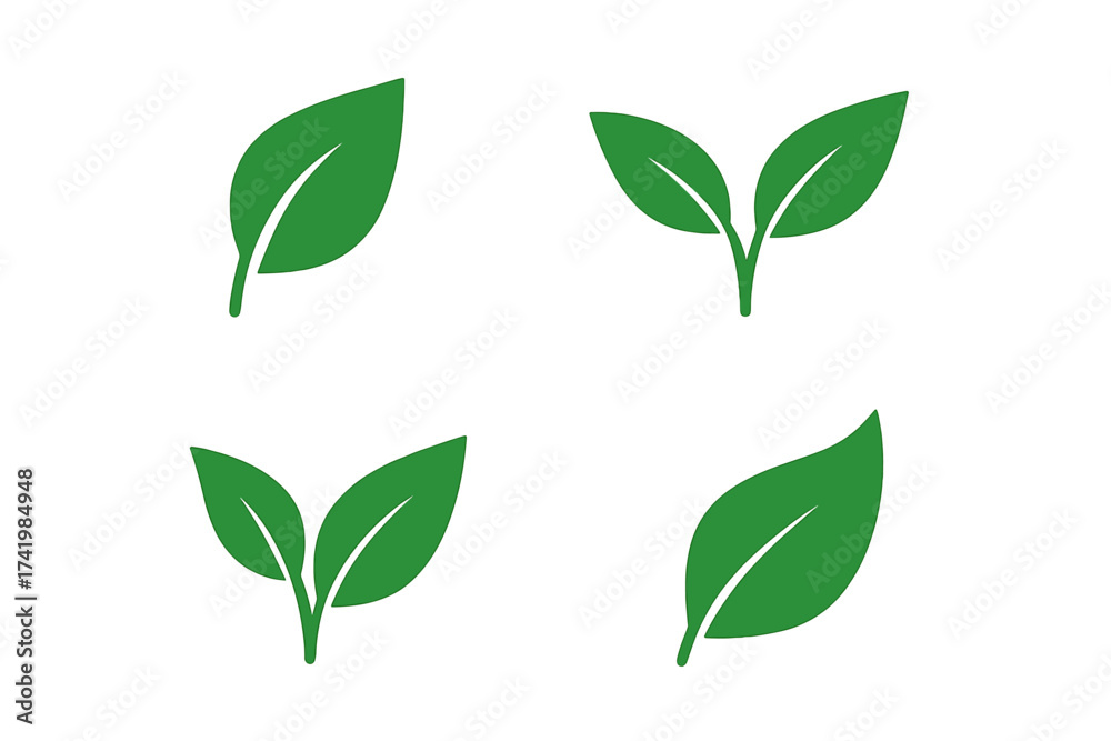 Fototapeta premium Green leaf icon set. Eco friendly, vegan, and organic food symbol. Sprout and plant silhouette for environment, nature, and bio concepts. Vector logo illustration element.