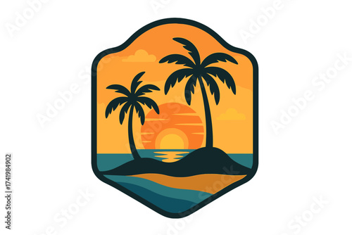 Tropical island sunset logo with palm trees. Summer vacation travel badge. Paradise beach scene vector illustration. Exotic seaside holiday emblem for tourism or surf brand.