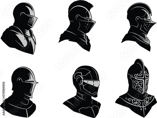 Medieval helmet silhouettes, futuristic armor headgear, ornate ceremonial helmets, historical knight visor, protective battle helmet illustration, vector artwork, cultural design