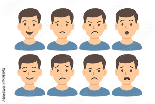 Man character emotions icons set, facial expression vector illustration collection, diverse feelings, moods, happy sad angry surprised disappointed calm, transparent background ordered design