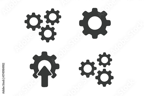 Mechanical gears icon set, development symbols, vector illustration with transparent background, simple ordered flat design, engineering and technology icons