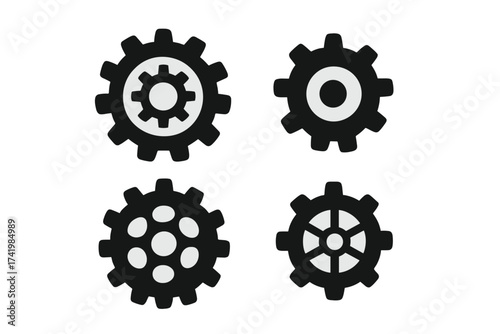 Set of mechanical gears icons, development and engineering symbols, vector illustration with transparent background, ordered cogwheel design collection, technical machinery elements