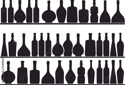 Set of bottles on shelves illustrated on white background

