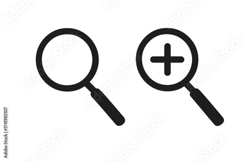 Magnifying glass icon vector set. Search symbol and zoom in tool with plus sign. Find, discovery, analysis concept. Flat loupe graphic for website or app UI elements design.