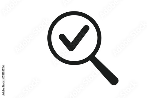 Magnifying glass with check mark icon. Verified, approved and confirmed symbol. Quality control, inspection and audit concept. Search, analysis and validation pictogram.